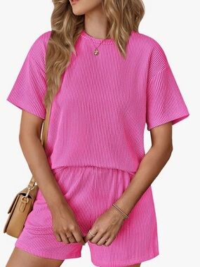 NWT Hot Pink Ribbed Two-Piece Lounge Pajama Set